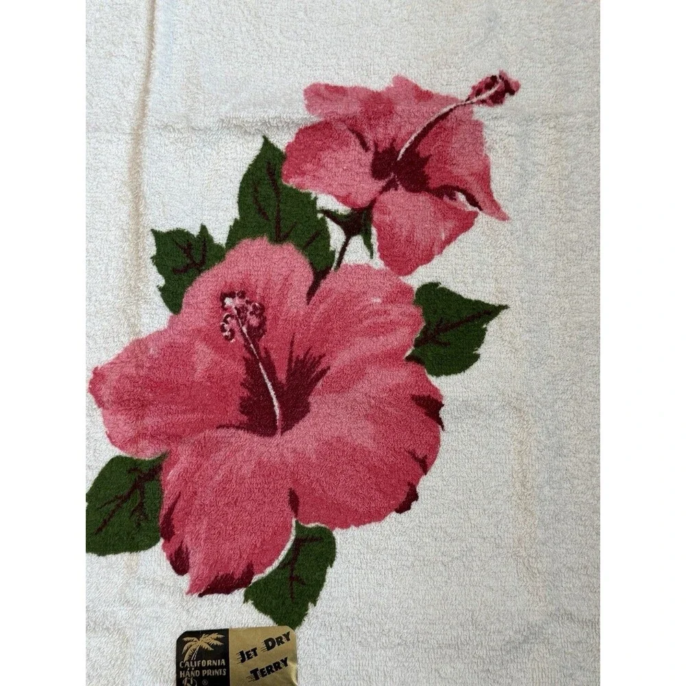 Vintage California Hand Prints Jet Dry Terry Hand Towel NEW Pink Hibiscus
